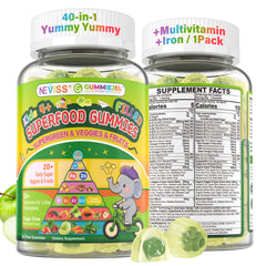 NEVISS Kids bottle shows sugar-free gummies for growing minds.