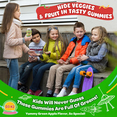 NEVISS gummies image features kale and spinach for veggie goodness.