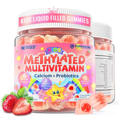 NEVISS kids gummies bottle label showing 20-in-1 nutrients for bone support
