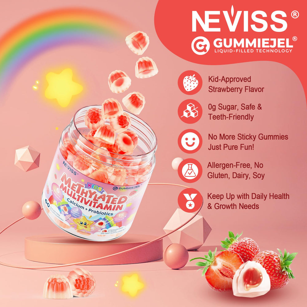 NEVISS kids strawberry-flavor gummies on ready-to-use packaging