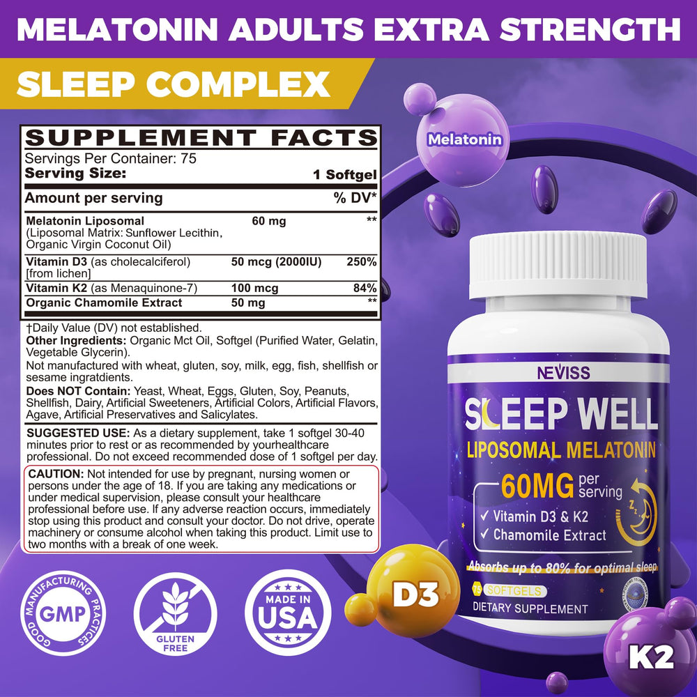 NEVISS liposomal melatonin packaging highlights high-potency sleep support.