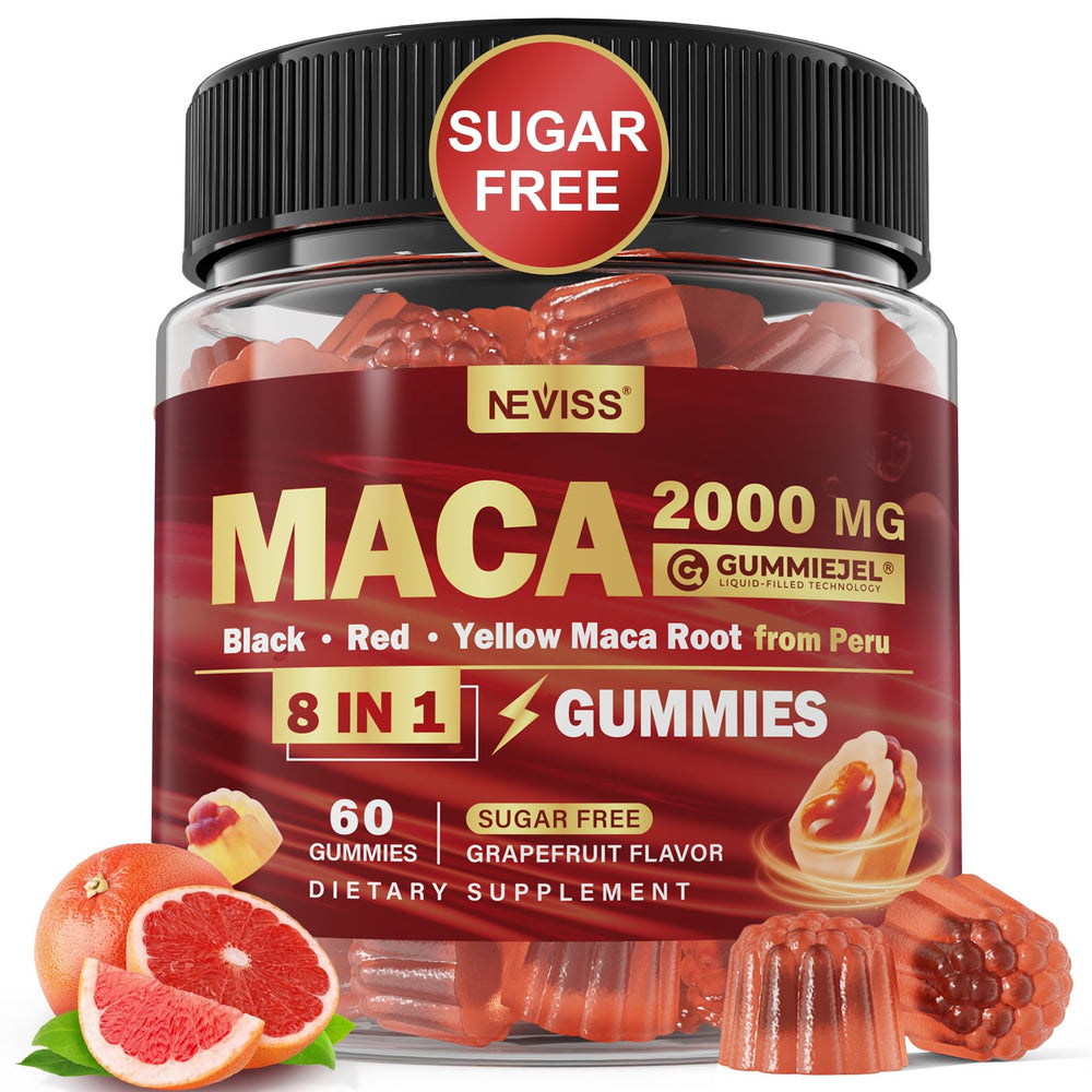 NEVISS Maca Root Filled Gummies bottle front with grapefruit flavor and sugar-free claim