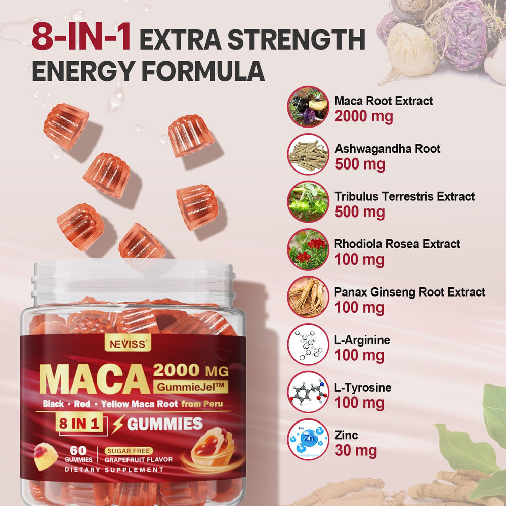 NEVISS Maca Root Filled Gummies packaging on shelf for easy daily use