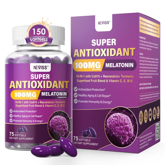 NEVISS Melatonin 100mg liposomal delivery bottle highlights enhanced absorption and antioxidant support