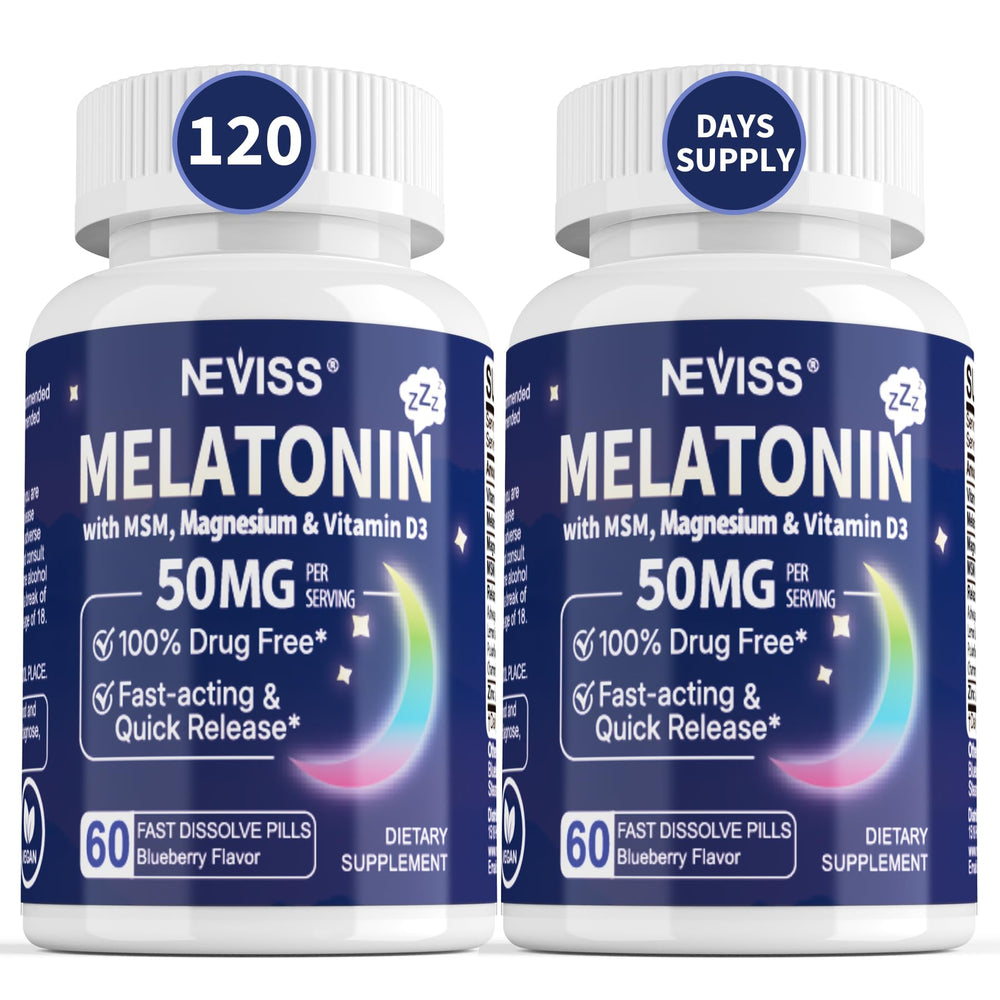 NEVISS Melatonin 50 mg bottle front shows high-dose rest support.