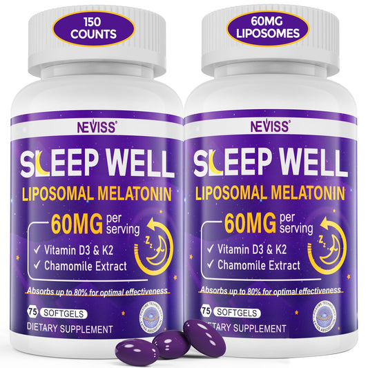 NEVISS melatonin 60mg bottle closeup for deep rest and absorption.