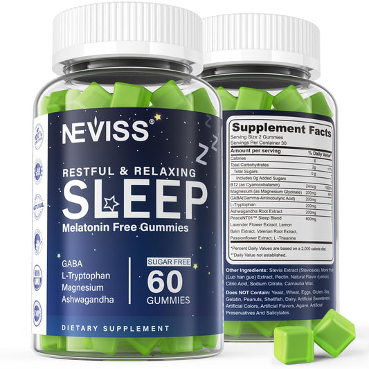 NEVISS sleep gummies bottle front with lemon flavor for calm evenings.