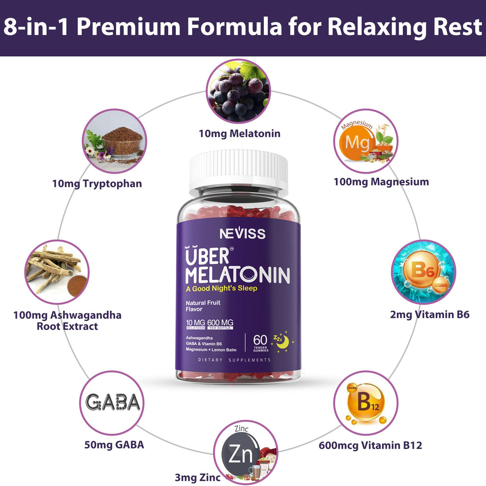 Neviss melatonin gummies closeup featuring the premium botanical blend for peaceful sleep