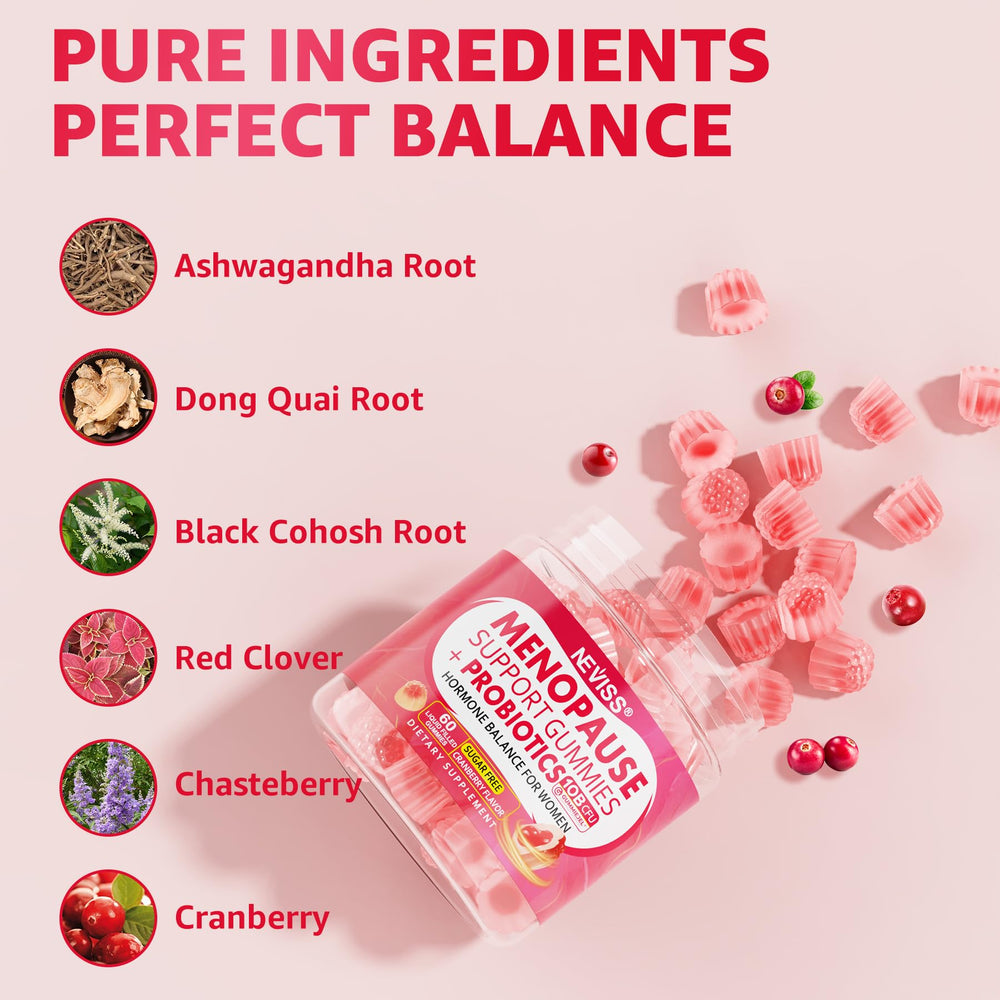 NEVISS menopause gummies pour-glass shows serving with 10 Billion CFUs per serving.