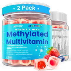 NEVISS methylated multivitamin gummies bottle front shows daily wellness support