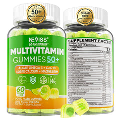 NEVISS 50+ multivitamin bottle with sugar-free gummies for daily bone support and energy.