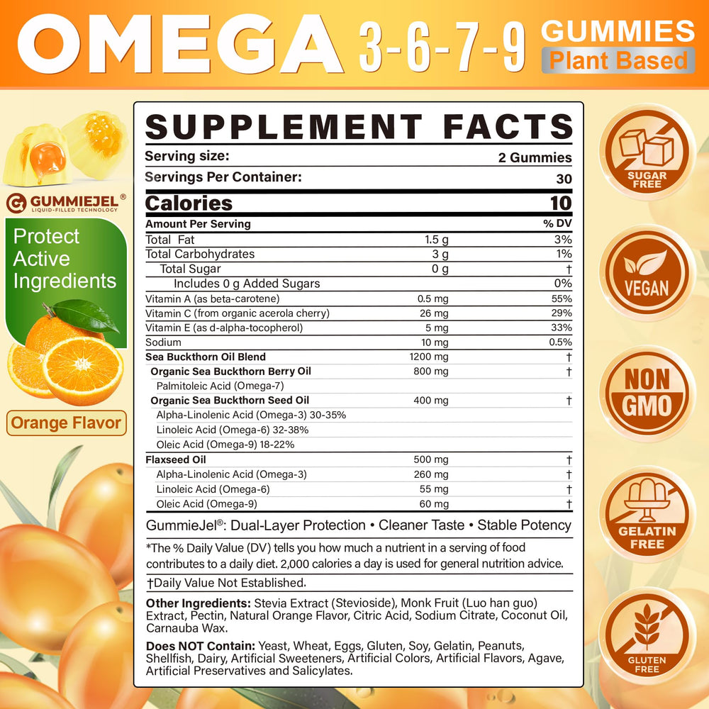 NEVISS Omega gummies jar close-up showing natural sea buckthorn ingredients.