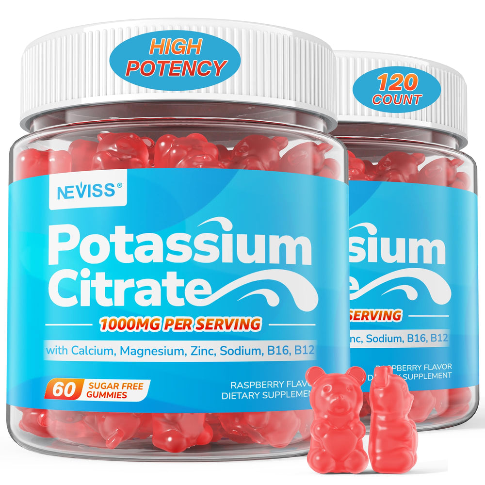 NEVISS Potassium Citrate 1000mg Gummies bottle front for hydration support and leg comfort.