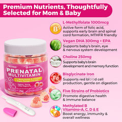 NEVISS Prenatal Gummies label highlights folate and algae DHA for fetal development