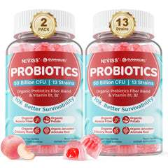 NEVISS Probiotic Gummies bottle with peach flavor offering daily gut support.