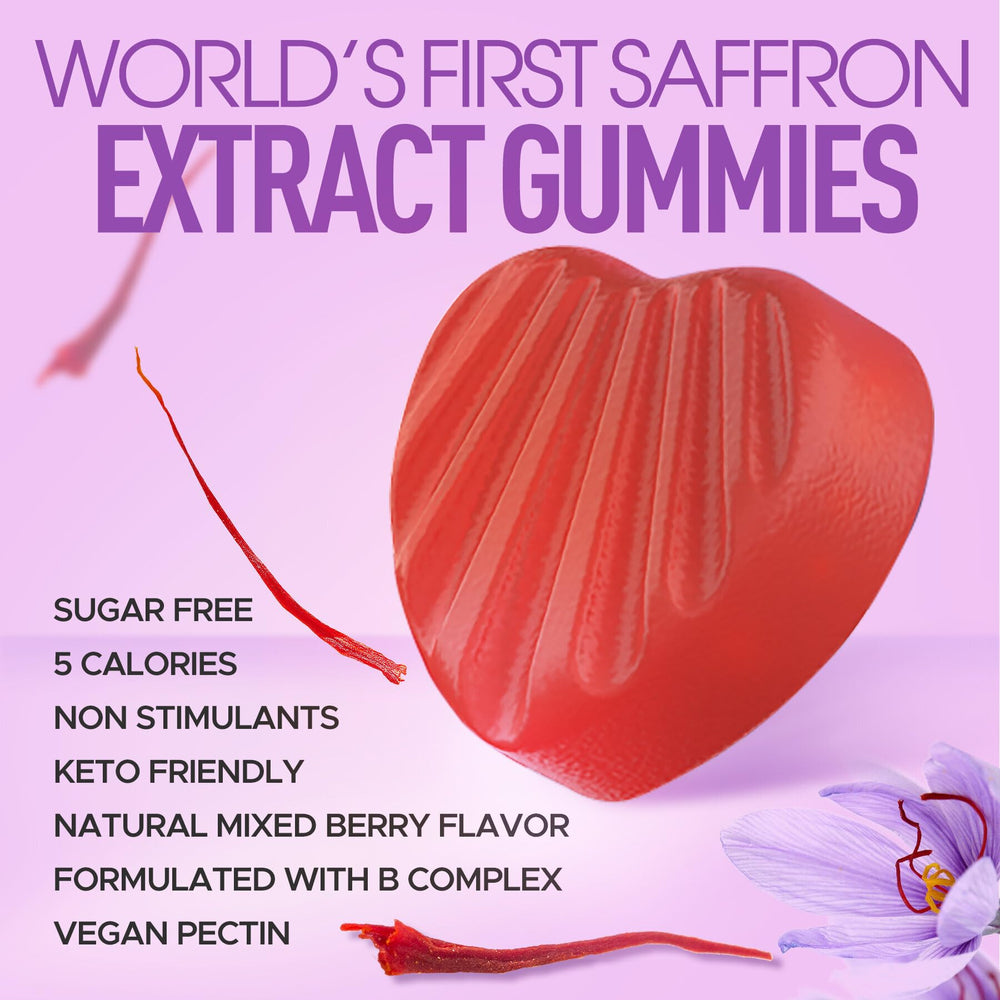 Gummy texture close-up emphasizes chewable, caffeine-free mood enhancement