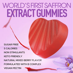 Gummy texture close-up emphasizes chewable, caffeine-free mood enhancement