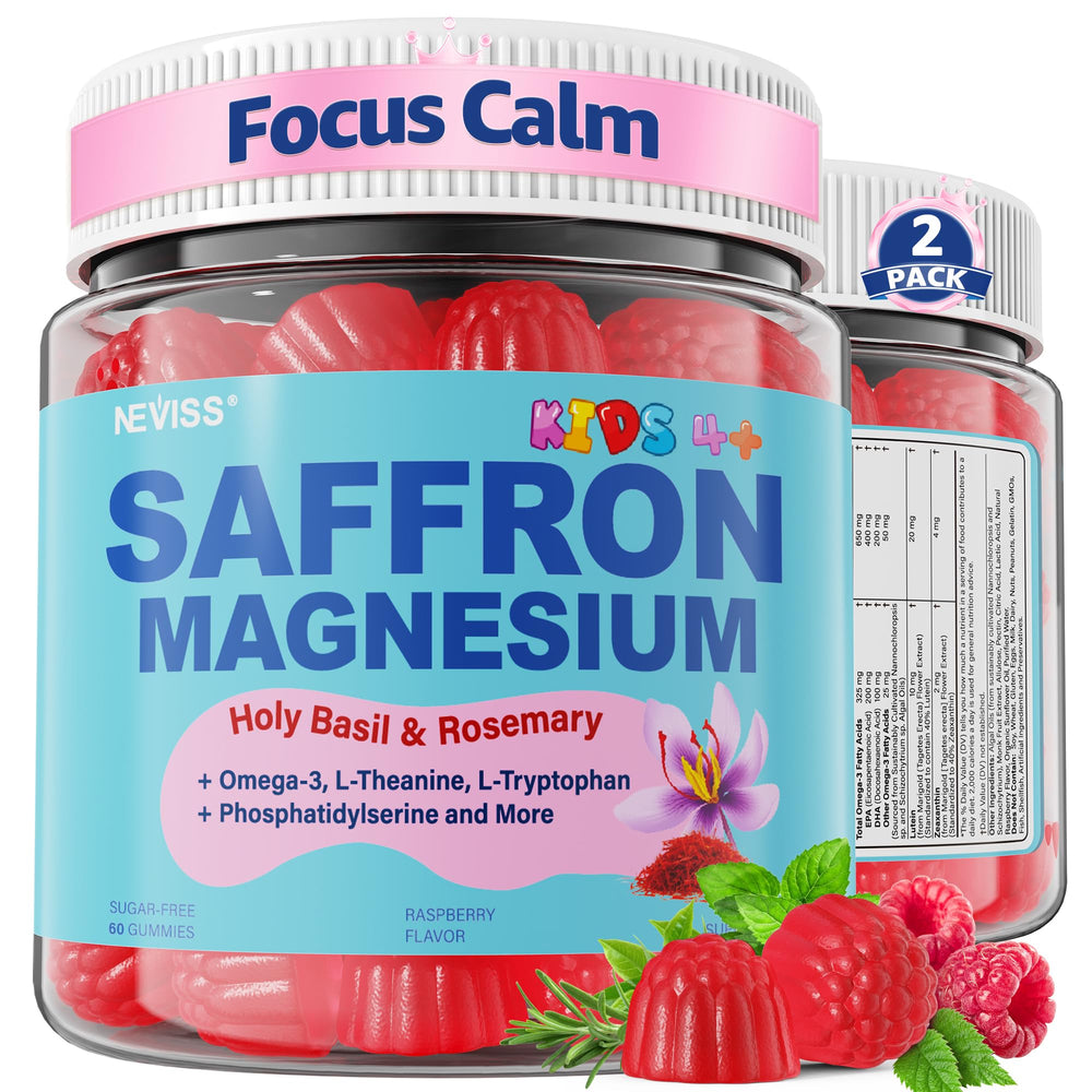 NEVISS saffron gummies bottle highlights premium saffron and magnesium for calm focus.