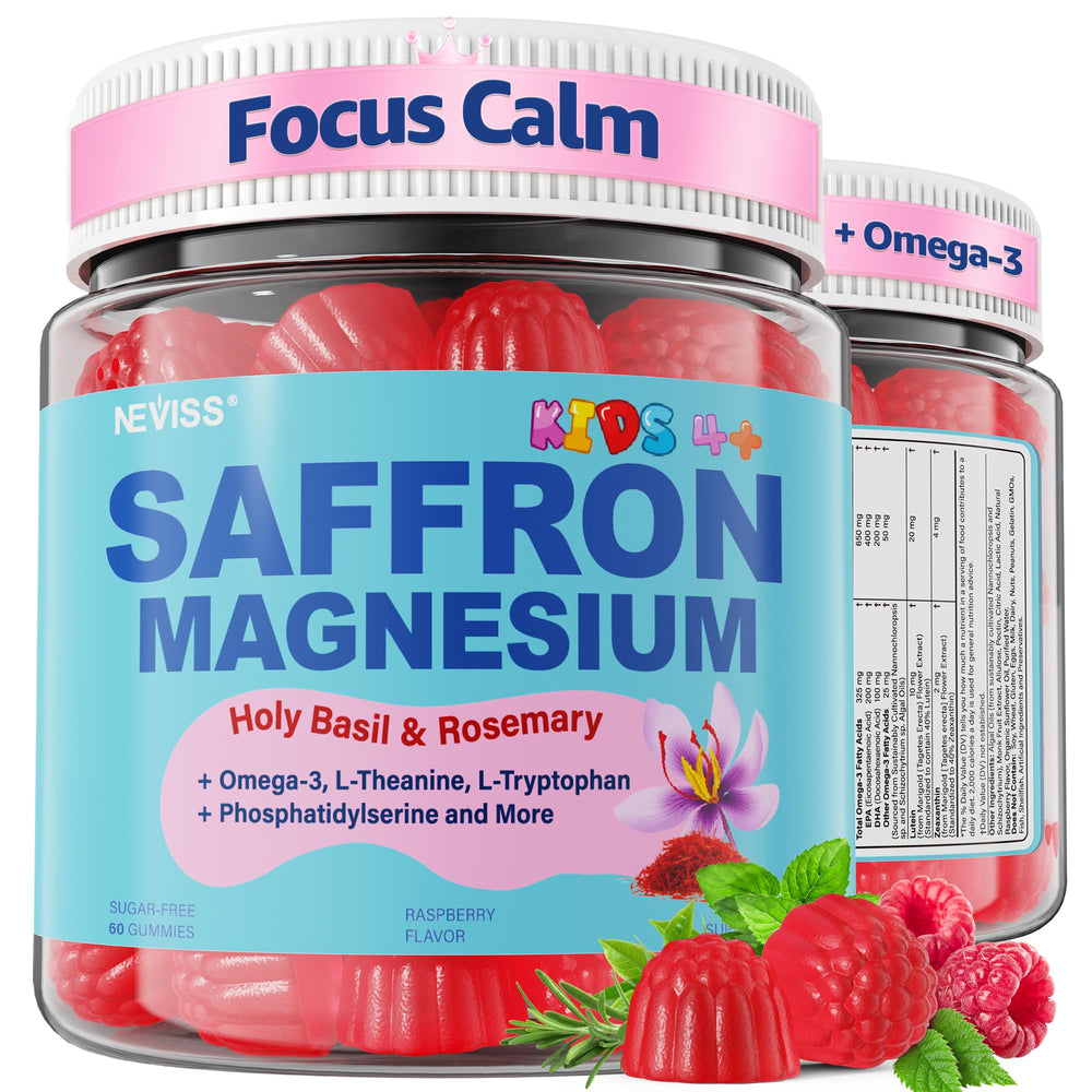NEVISS saffron magnesium omega-3 for kids bottle promotes calm focus.