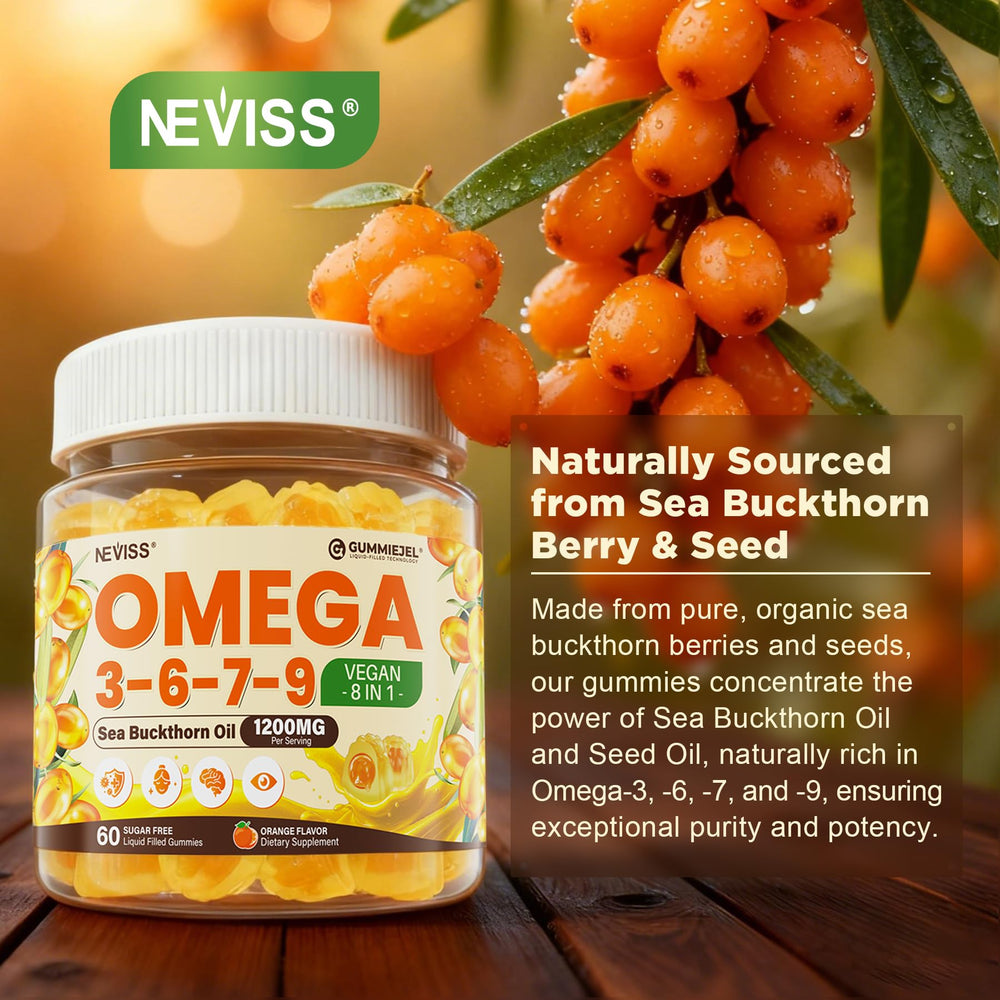NEVISS sea buckthorn oil pour highlighting plant-based omega-7 source.