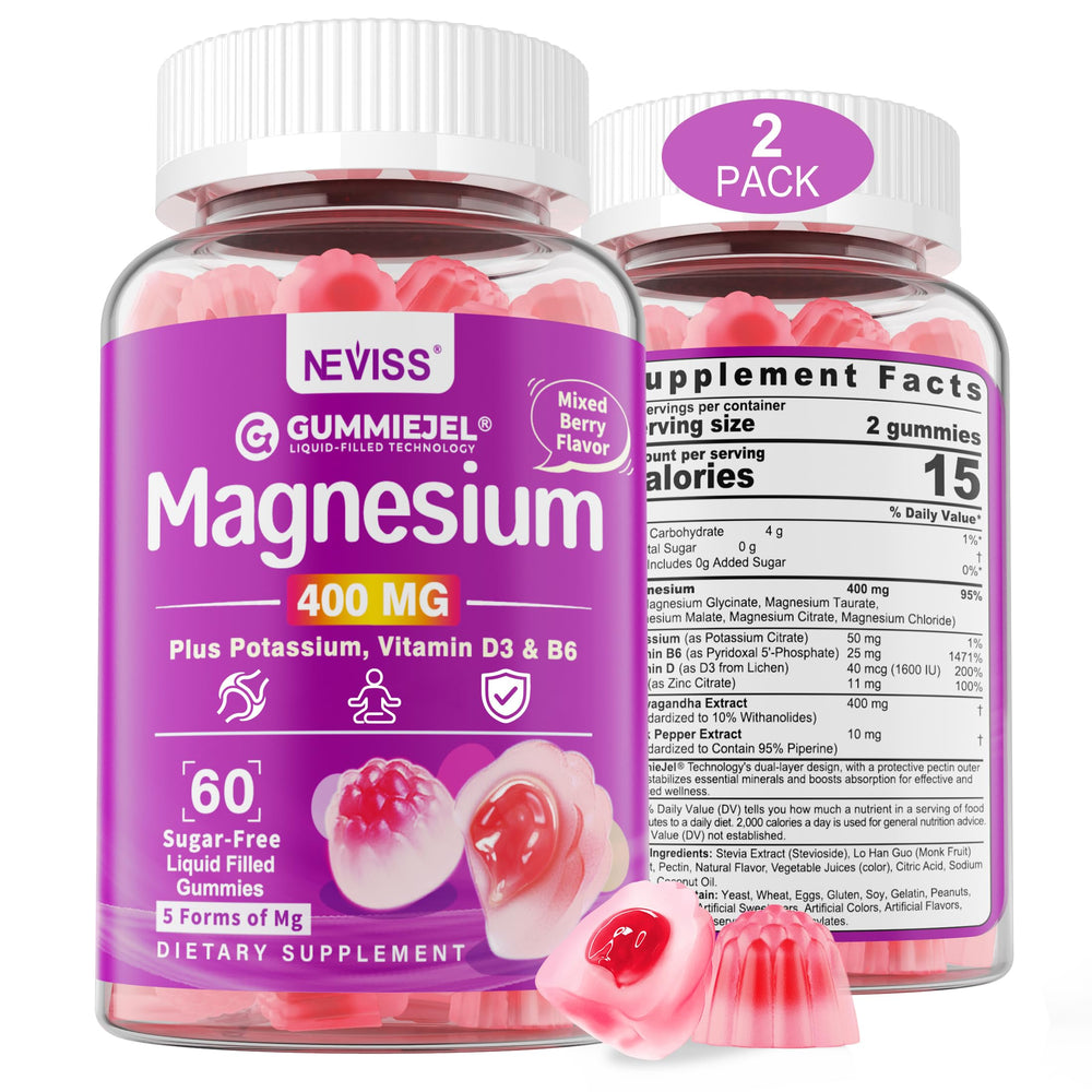 NEVISS Sugar-Free Magnesium Gummies 400mg bottle shows the 5-in-1 formula for balanced energy.