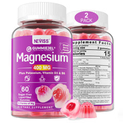 NEVISS Sugar-Free Magnesium Gummies 400mg bottle shows the 5-in-1 formula for balanced energy.