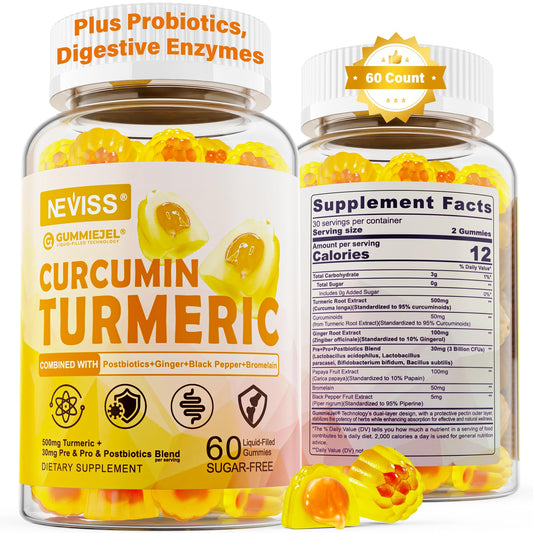 NEVISS Sugar Free Turmeric Gummies bottle for daily vegan wellness.