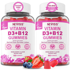 NEVISS vegan D3 B12 gummies bottle highlights bone support and energy.