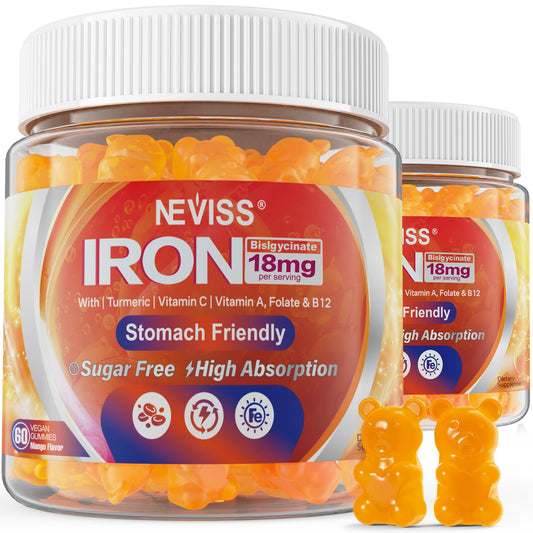 NEVISS vegan iron gummies front label showing 18 mg iron per serving.