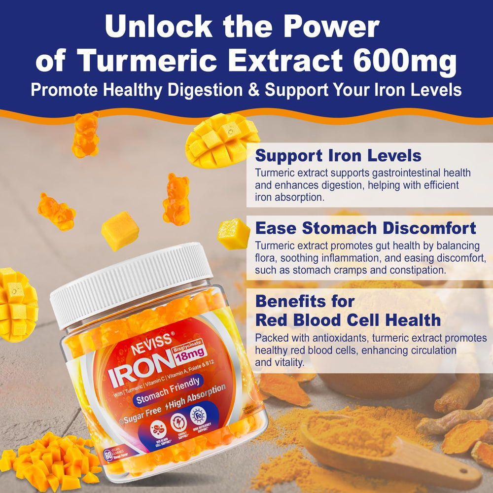 NEVISS nutrition facts panel highlights chelated iron bisglycinate for gentle digestion.