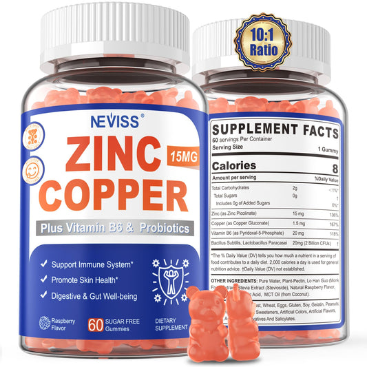 NEVISS zinc copper balance bottle highlights the mineral duo for immune and gut support