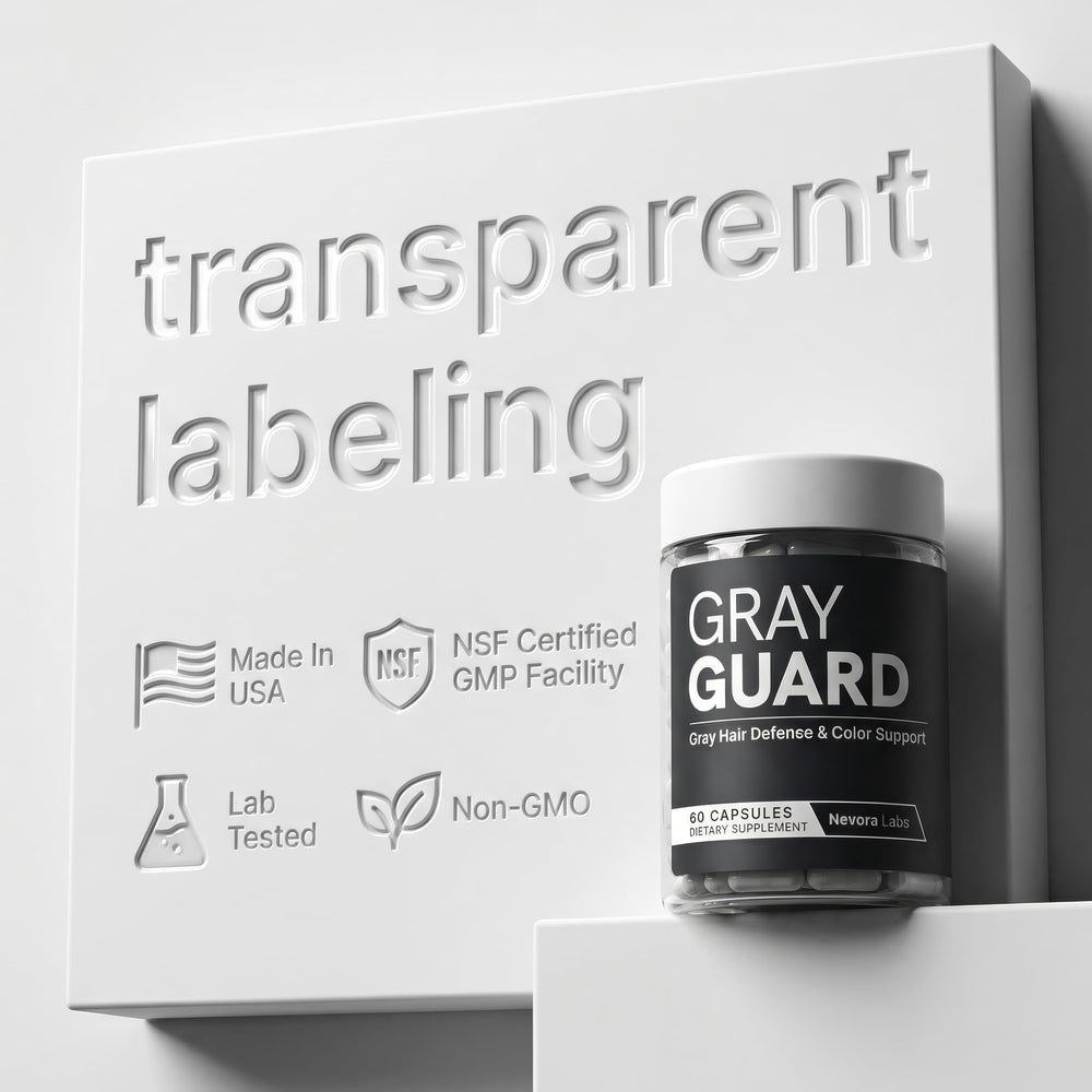 Close-up of Nevora Labs Gray Guard capsules ready for daily intake.