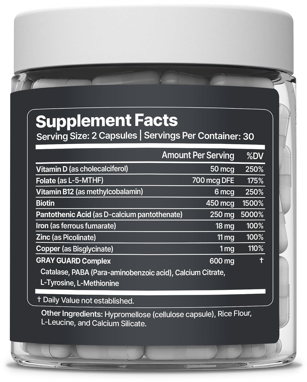 Nevora Labs Gray Guard ingredients chart highlighting catalase and nutrients.