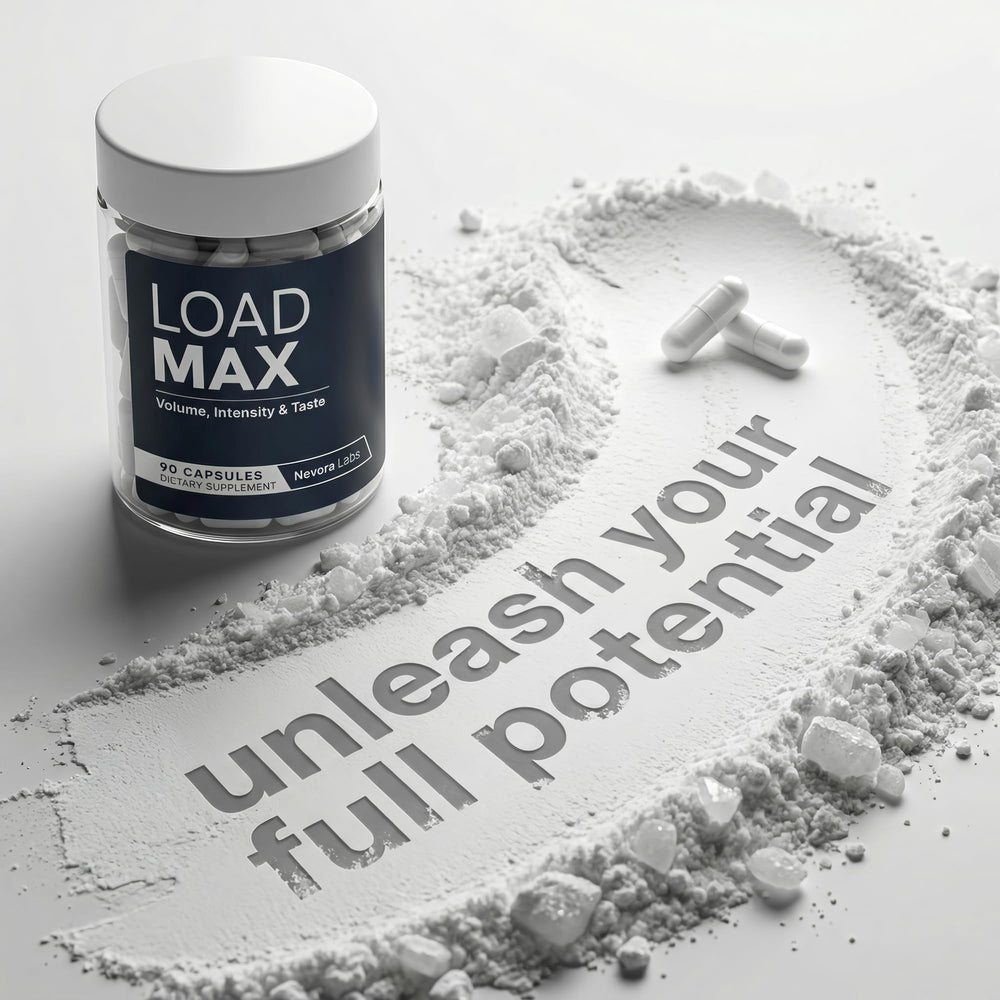 Nevora Labs Load Max capsules close-up emphasizing easy daily dosing.