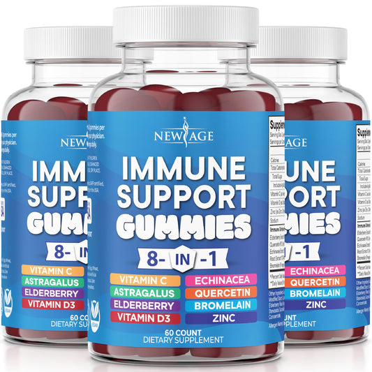 NEW AGE 8-in-1 immune gummies bottle closeup highlighting trusted blend for daily support