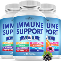 NEW AGE 8in1 immune support pack front view showing triple bottle set