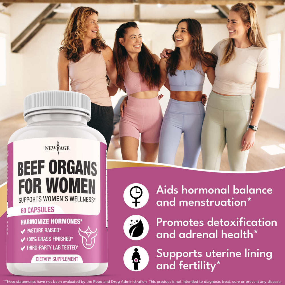 NEW AGE Beef Organ Women label detail shows grass-fed quality and no fillers