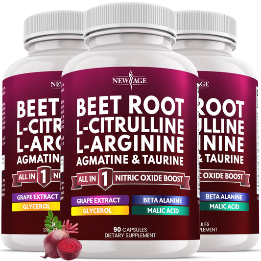 NEW AGE Beet Root Capsules bottle front showing 270 vegan capsules for daily wellness.