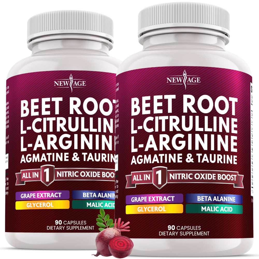 NEW AGE Beet Root Capsules bottle with capsules for potential nitric oxide support during workouts.