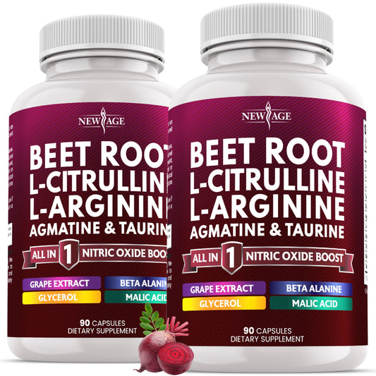 NEW AGE Beet Root Capsules bottle with capsules for potential nitric oxide support during workouts.