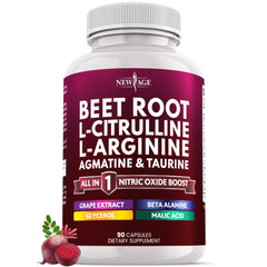 NEW AGE Beet Root Capsules bottle showcasing vegan capsules for daily nitric oxide support.