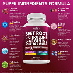 NEW AGE Beet Root Capsules label close-up highlighting L-Arginine and L-Citrulline blend.