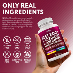 NEW AGE Beet Root Capsules packaging highlights USA-made facility and safety.