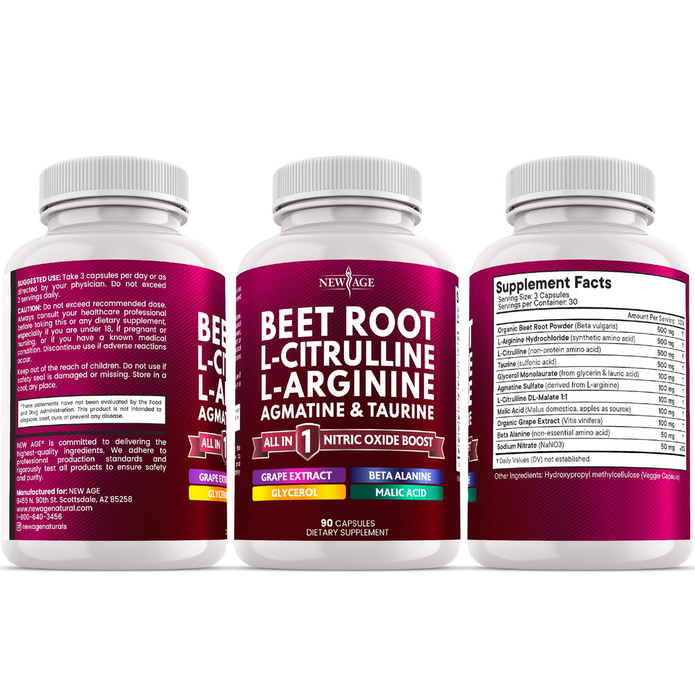 NEW AGE Beet Root Capsules product shot conveying natural nitric oxide support concept.