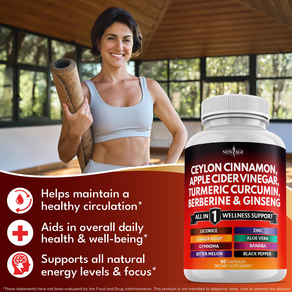 New Age berberine-cinnamon blend capsules highlighting multi-ingredient formula
