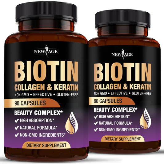 NEW AGE Biotin Collagen Keratin Hyaluronic Acid bottle for hair, skin, and nails.