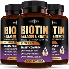 NEW AGE Biotin Collagen Keratin Hyaluronic Acid capsules for stronger hair and healthier skin.