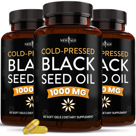 NEW AGE Black Seed Oil Softgel bottle highlights premium cold-pressed oil for joints and skin.