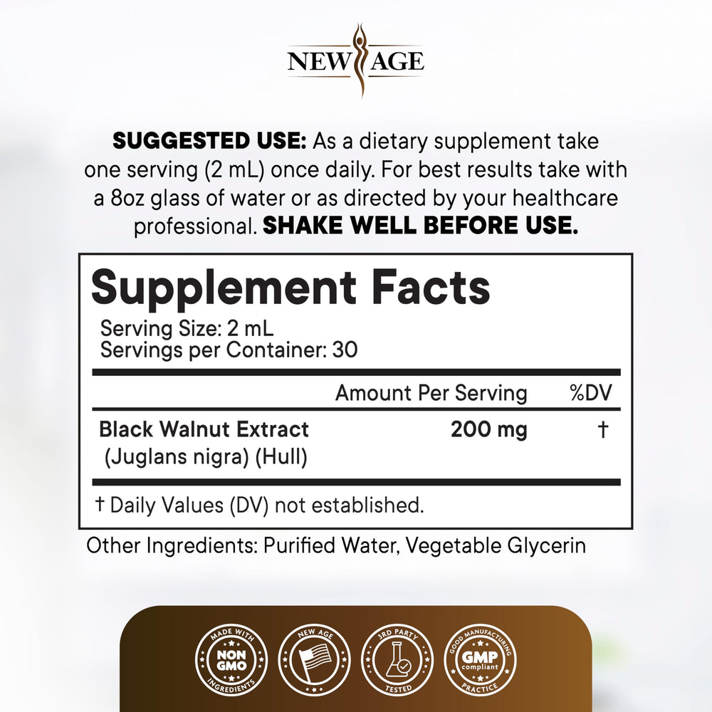 NEW AGE Black Walnut Drops label close-up highlighting vegan and gluten-free features