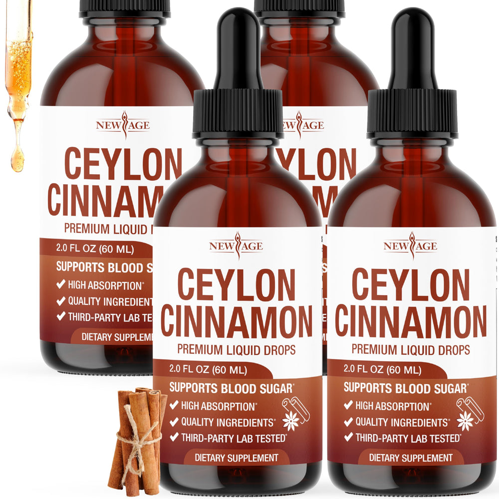 NEW AGE Ceylon Cinnamon Drops bottle highlighting pure extract for daily balance.
